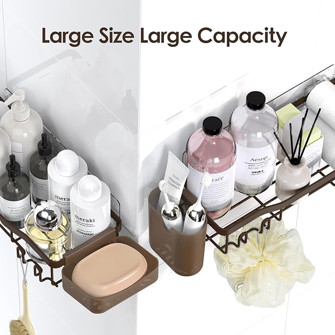 Shower Caddy Adhesive Shower Organizer 8-Pack, Rustproof Stainless Steel Bathroom Shelves, Large Capacity No-Drill Rack Storage Accessories with Soap Dish Toothbrush Holder Hooks