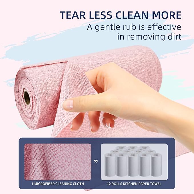& PLUSH Microfiber Cleaning Cloth Roll - 70 Pack, Tear Away Microfiber Towels, 12" x 12", Reusable, Washable, Streak Free, Ultra Absorbent Dish Rags for Car, Home, Garage or Shop (Grey and Pink)