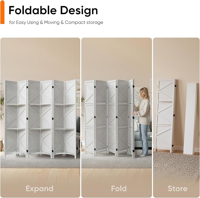 Modern Room Divider with Shelves, White X-Shape Design Folding Partition, 6-Panel Contemporary Freestanding Divider for Bedroom&Office, 67" H x 96" W