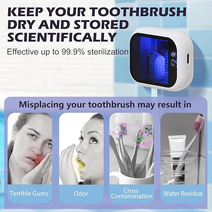 GTSolonia UV-C Toothbrush Cleaner, Portable Travel Cover for Manual/Electric Toothbrush, Magnetic Holder and Rechargeable Case for Any Size Toothbrush, White