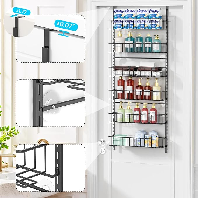 6-Tier Pantry Door Oragnizer, Over The Door Pantry Organizer Rack and Storage, Hanging Spice Rack Shelves Door, Home Office Laundry Room Bathroom & Kitchen Organization Essentials Metal