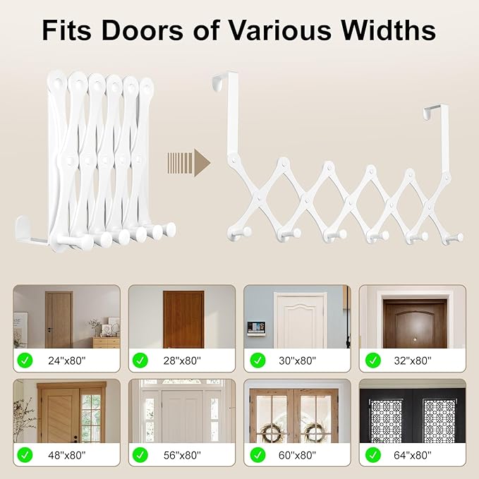SCUNDA Expands Over The Door Hook Rack, Heavy Duty No Drill Hooks for Bathroom, Bedroom, Kitchen, Closet - Over The Door Hanger for Towels, Robes, Bags, Coats(White)