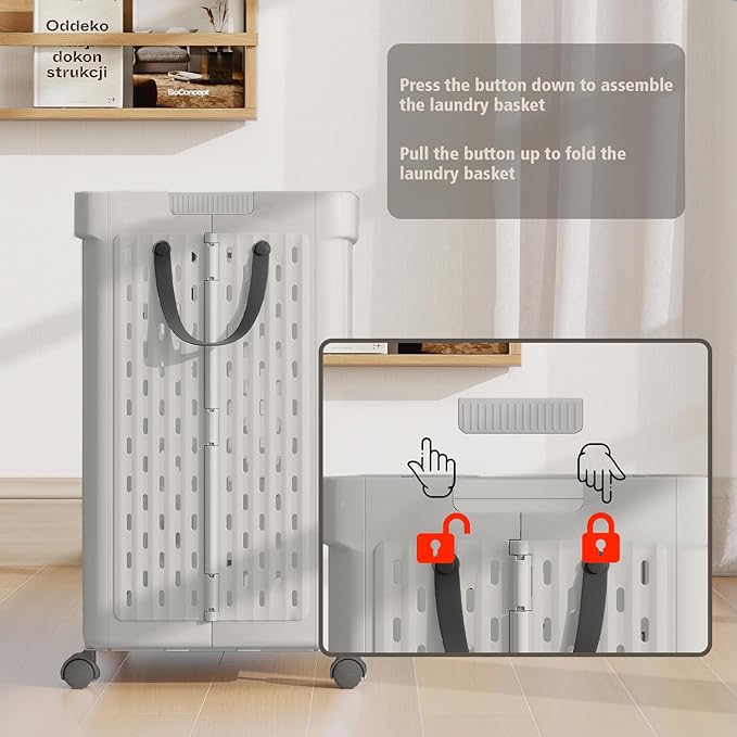 UAK 67L Plastic Laundry Basket with Wheels & Handle, Heavy Duty Foldable Laundry Hamper – Easy Clean Waterproof Rolling Organizer for Bathroom & Laundry Room, Grey