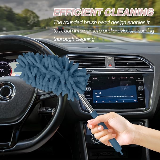 2PCS Car Interior Duster with Extension Pole, Soft Chenille Microfiber Duster for Cleaning, Scratch Free & Lint-Free, Washable Cleaning Brushes for Vehicle Details, Home, Office (Blue)
