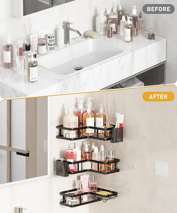 3 Pack Corner Shower Caddy Organizer, Rustproof Corner Shower Shelves, No Drilling Bathroom Corner Shelf with Hooks and Toothpaste Holder