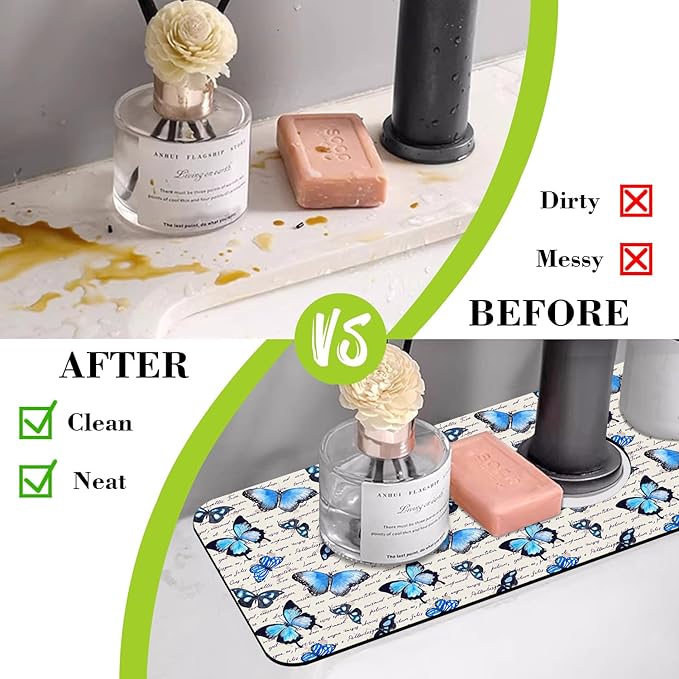 Sink Splash Guard Faucet Mat Watercolor Butterflies Absorbent Fast Drying Mat Sink Gadgets Splash Guard Behind Faucet Drip Catcher for Kitchen Bathroom 15.5"X5.5"