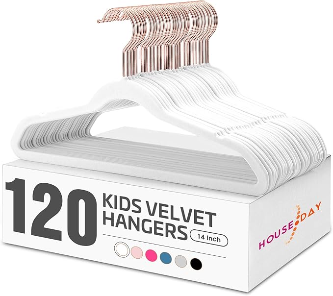 HOUSE DAY Velvet Kids Hangers 120 Pack, Premium Children Hangers for Closet, Ultra Thin Cute Kids Clothes Hanger, Small Non Slip Felt Hanger 14 Inch for Toddler Clothes, White