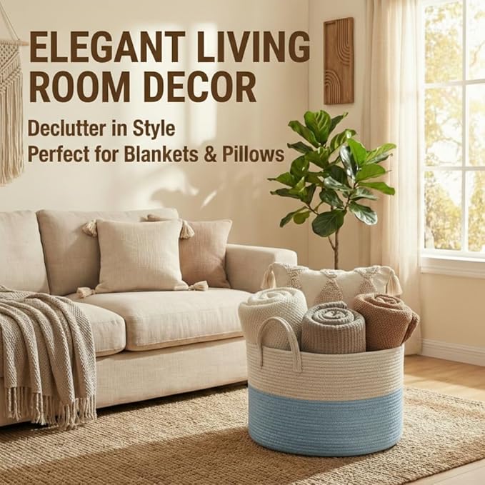 115L Extra Large Blanket Basket for Living Room - Woven Cotton Rope Laundry Hamper with Reinforced Handles - Storage Bin for Pillows, Comforters & Toys - Machine Washable,White&Blue