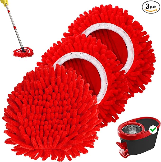 Baderke 3 Pack Chenille Mop Heads Replacements Compatible with 1 Tank System Chenille Duster Replacement Heads Microfiber Spin Mop Refill Pads Reusable Dust Refills for Floor Cleaning (Red)