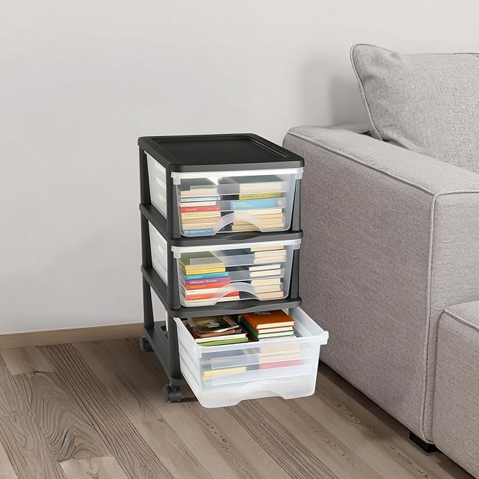 VEVOR Plastic Storage Drawers Cart, 3 Drawers Storage Organizer with Wheels, Rolling Closet Organization and Storage Dividers, Dresser Organizer Clear Bins for Office Supplies, Craft Rooms, Classrooms