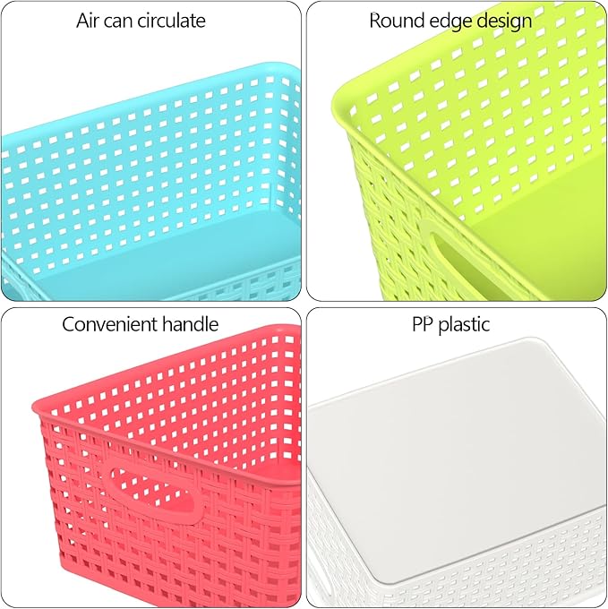 Medium Plastic Woven Storage Basket, Colorful Storage Basket, 4 Packs