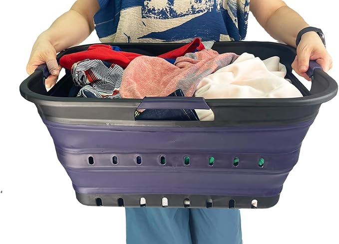 SAMMART 42 (11 Gallons) Collapsible Plastic Laundry Basket, Foldable Pop Up Storage Container/Organizer, Space Saving Hamper, Portable Bin for Dorm Room Bathroom (1, Black/Dark Purple)