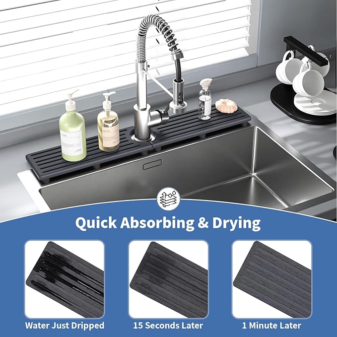 Faucet Mat for Kitchen Sink, Water Absorbent Kitchen Faucet Mat, Durable Sink Splash Guard with Raised Feet, Diatomite Fast Drying Kitchen Sink Faucet Mat, Bathroom Stone Drying Tray for Counter