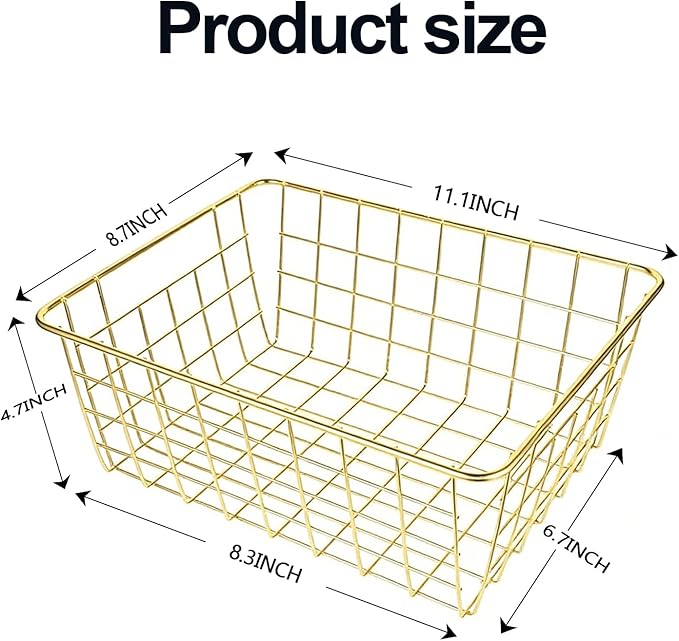 4 Pack Gold Wire Baskets for Pantry, 11" Upright Wire Freezer Storage Bins with Handles, Small Metal Storage Basket for Freezer Organizing Office Kitchen Closets
