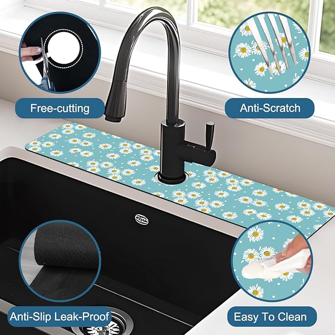 Cute Daisy Sink Splash Guard Faucet Mat White Daisies Super Absorbent Fast Drying Mat Sink Gadgets-Splash Guard Behind Faucet Drip Catcher for Kitchen Bathroom, 23.5"x5.5"