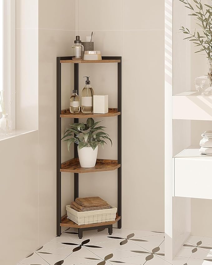 Corner Shelf Stand, Corner Bookshelf, Storage Standing Shelf Unit with Metal Frame, Plant Stand, Bookcase for Living Room, Home Office, Bedroom, 4-Tier Rustic Brown CS05801B