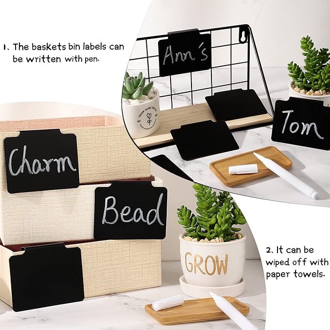 18 Pcs Plastic Basket Bin Label Clip on Removable Basket Label Clip with White Chalk Markers for Kitchen Pantry Storage Fabric Box Hanging Bin