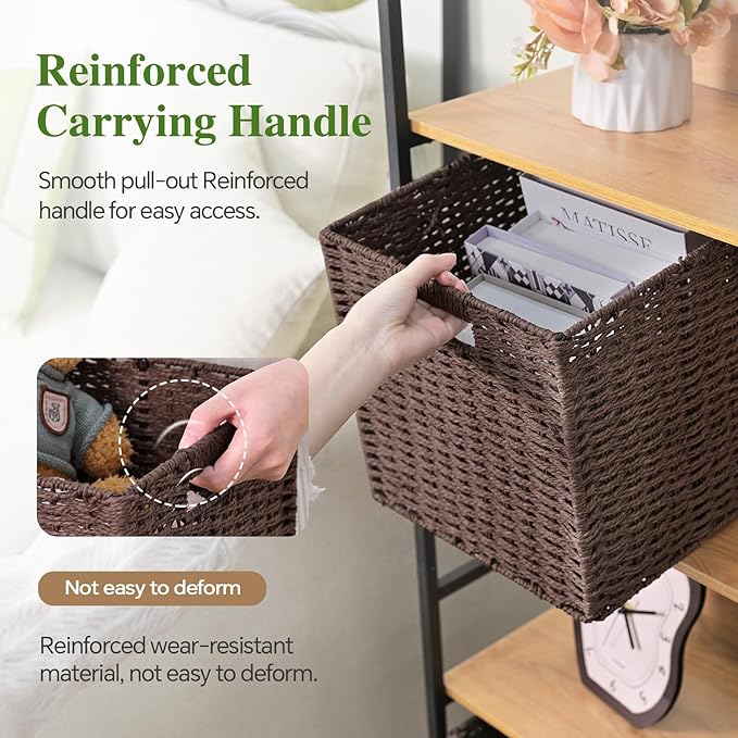 Woven Wicker Storage Baskets 2-Pack, 11x11 Handwoven Paper Rope Organizer Bins, Foldable Cube Storage Cubes with Built-in Handles for Shelves and Closet Organization(Dark Brown）