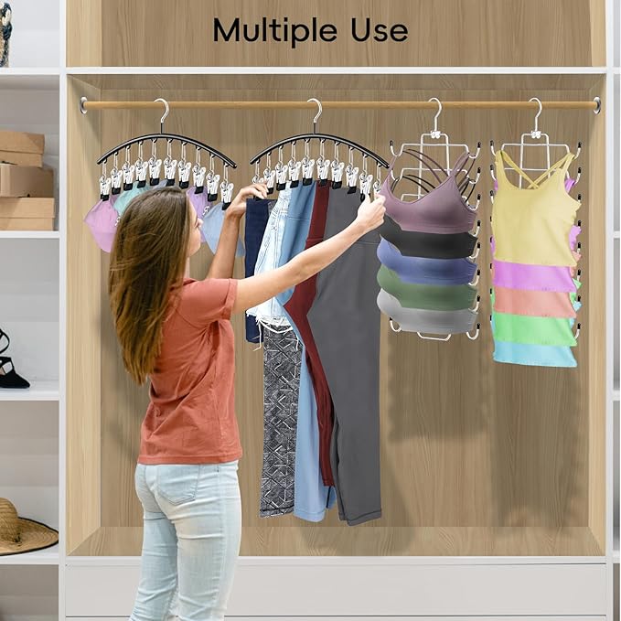 TomCare 4 Pack Space Saving Hangers，2Pack Tank Top Hanger and 2Pack Leggings Organizers for Closet Pants Hangers with 20 Clips Bra Organizers with 16 Hooks Stainless Steel Hanging Closet Organizer