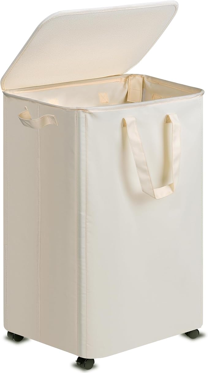 Slim Laundry Hamper with Lid and Wheels, Small Rolling Laundry Basket with Handle for Small Spaces, Tall Dirty Clothes Hampers for Dorm, Bathroom and Bedroom, 95L, Beige