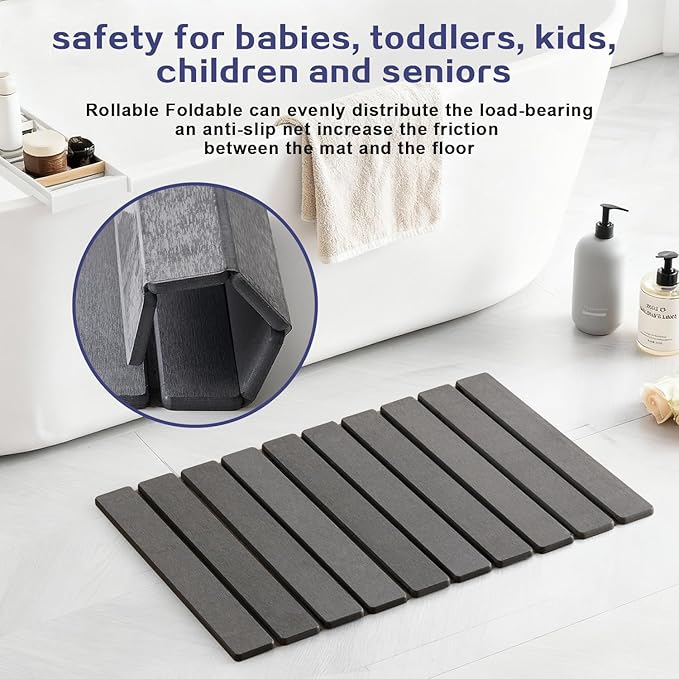 ODE TO ORDER 23.6 Inch Super Absorbent Diatomaceous Earth Mat for Bathroom, Dark Grey Easy Clean Rollable Foldable Stone Bath Mat, Non-Slip Quick Dry Shower Mat for Kitchen,Outdoor Use