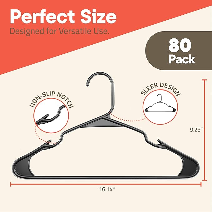 Gray Plastic Hangers 80 Pack– Heavy-Duty Plastic Hangers Slim and Space-Saving, Durable and Lightweight PP with Non-Slip Shoulder Notches for Slip Dresses, Suits, Jackets & Camisoles
