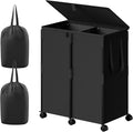 Chrislley 140L Large Double Laundry Hamper with Lid and 6 Wheels, Rolling Laundry Basket with 2 Removable Bags, Heavy Duty Metal Frame Laundry Cart, Dirty Clothes Hamper for Bathroom, Bedroom (Black)