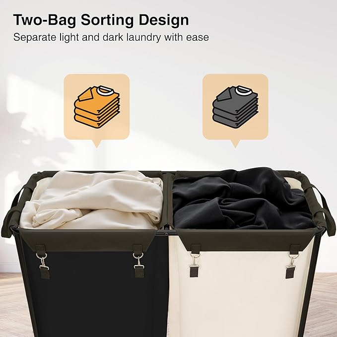 STO STO 280L Rolling Industrial Laundry Hamper with Wheels, 2-Compartment Extra Large Laundry Sorter, Heavy Duty Dirty Clothes Basket Cart with Metal Frame for Home or Commercial Use, Beige/Black