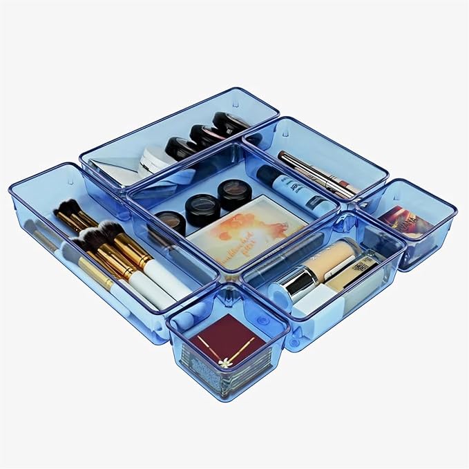 Acrimet Drawer Organizer Modular, Box Tray Storage Bins for Office, Home, Makeup, Kitchen, Junk Drawer (7 Units - 4 Sizes) (Clear Blue Plastic)