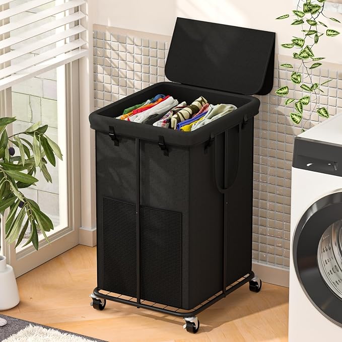 Large Laundry Hampers with Lid, Oxford Fabric Laundry Hampers, Metal Frame and Removable Bag Design with Wheels, Suitable for Bedroom, Bathroom, Dorm Room, Laundry Room (Black with Lid)
