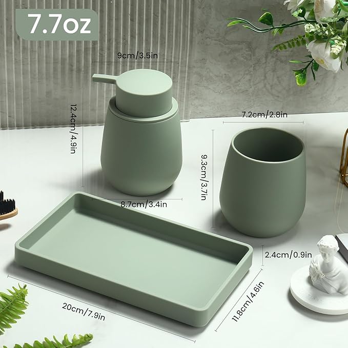 Bathroom Accessories Set, Modern 3 Pcs Bathroom Essentials - Soap Dispenser, Toothbrush Holder & Tray, Countertop Vanity Organizer (Green)