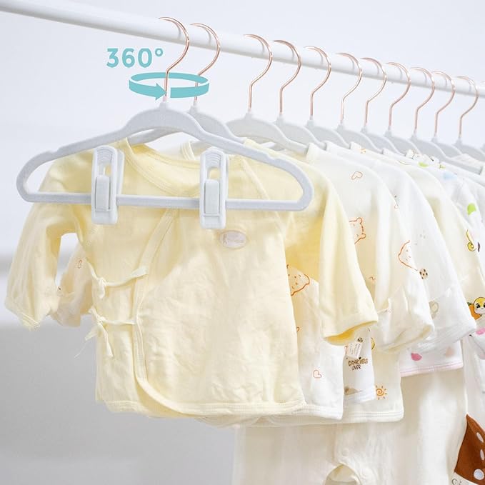 Baby Hangers Velvet - 11 Inch Baby Felt Hangers Non Slip for Toddler - Kids Hanger for Infant Clothes - 30 Pack with 10 Hanger Finger Clips, White