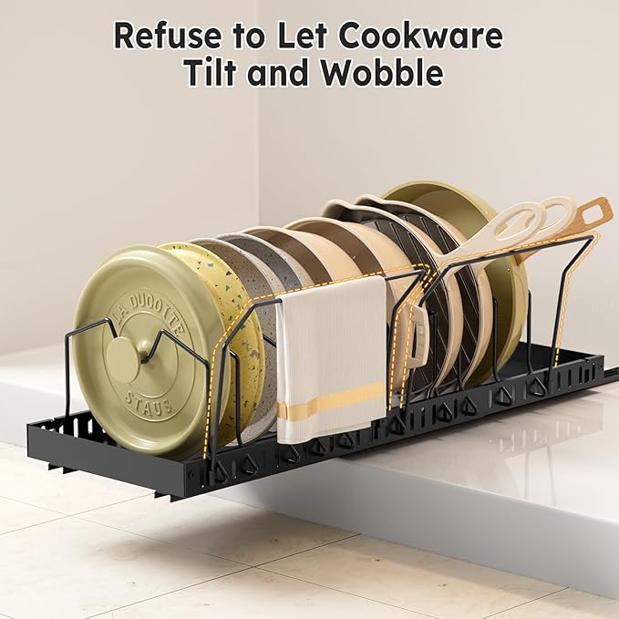 Pull-out Pots and Pans Organizer Under Cabinet - 1 Pack Expandable Pot and Pan Organizer Rack with 10 Adjustable Dividers for Pot, Cutting Board, Dishes, Lid, Baking Tray