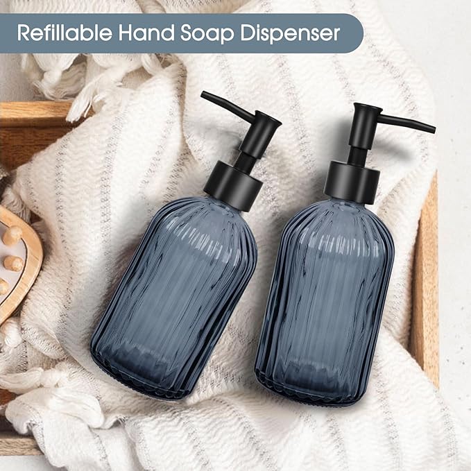 2 Pack Stripe Glass Soap Dispenser with Black Plastic Pump, 400ml Liquid Hand Soap Dispenser, Rustproof Pump for Kitchen & Bathroom, Great for Lotions, Essential Oil, Liquid Soaps- (Grayish Blue)