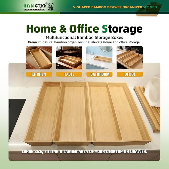 V-Shaped 3-Pack 19.6" Long Bamboo Drawer Organizer Box - Easy Reach Cutlery Tray for Flatware Silverware Utensil, Kitchen & Home Use (19.6"x5.7"/19.6"x7.8"/19.6"x12.4")
