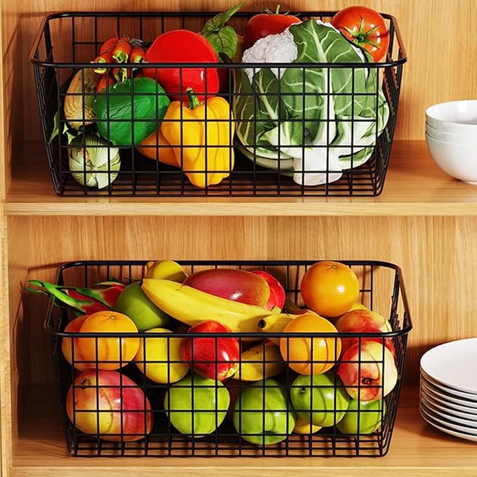 3 Pack Large Wire Baskets for Organizing 14.2'' Metal Wire Baskets with Built-in Handles, Wire Storage Basket Black Metal Freezer Organizer Wire Basket for Pantry, Cabinets, Bathroom