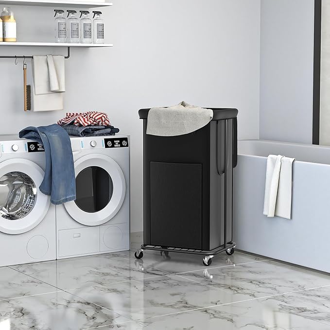 100L Large Laundry Hampers with Lid, Oxford Fabric Laundry Hampers Clothes Hampers, Metal Frame and Removable Bag Design with Wheels, Suitable for Bedroom, Bathroom (100L Black&Lid, 100L)