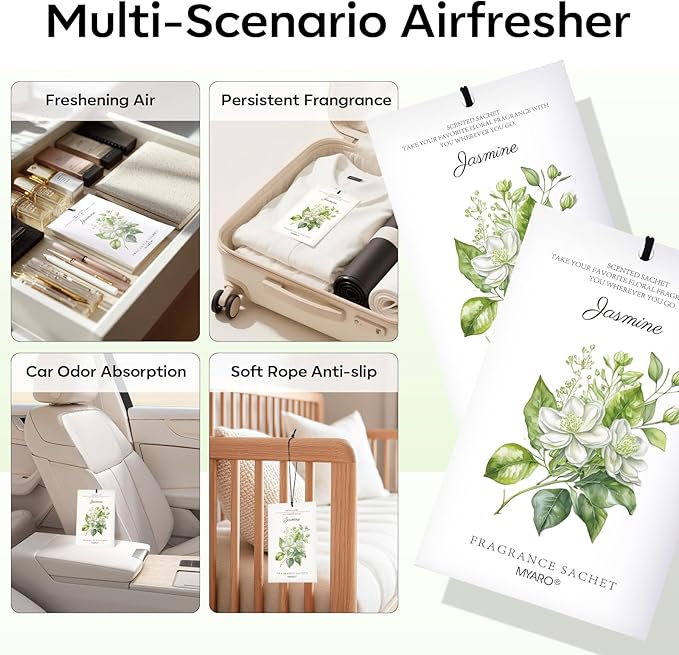 MYARO 12 Pack Jasmine Scented Sachets for Drawer, Closet & Small Spaces Air Freshener Bags, Odor Eliminator for Car, Shoes, Gym Bag Home Fragrance Gift Set