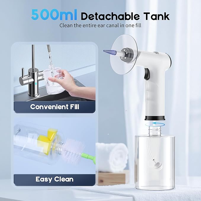 Ear Wax Removal, Electric Ear Cleaning Kit with Light, FSA-HSA-Eligible, Ear Irrigation Kit with 4 Pressure Modes, Safe and Effective Ear Flush Kit with Ear Cleaner - Includes Basin, Towel & 15 Tips