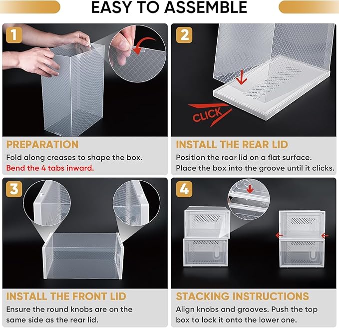 BALEINE 6 Pack Stackable Shoe Storage Boxes Fit Size 9, Thickened Clear Shoe Box Bins with Lids, Plastic Foldable Shoe Rack Organizer Sneaker Storage Containers (Large, White)