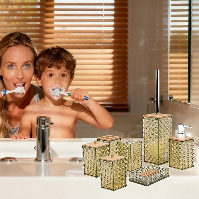 Bathroom Accessory Set,7 Pcs Beige Bathroom Set Include Soap Dispenser, Qtip Holder Dispenser, Soap Dish,Toilet Brush,Toothbrush Holder & Mouthwash Cup.Boho Bathroom Set