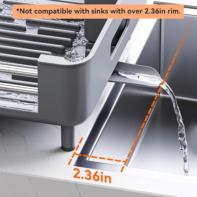 Stainless Steel Dish Drying Rack - Dish Drainer for Kitchen Counter, Extendable Drainboard with Foldable, Space-Saving Cup & Bowl Organizer, Includes Knife and Utensil Holder, Gray
