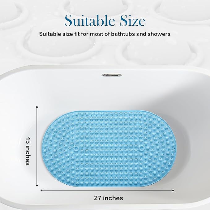 Joiyota Silicone Bathtub & Shower Mat Non Slip, Bubble Massage Anti Slip Shower Floor Mat with 27 x 15 Inches for Easy Storage, Machine Washable Bath Mat for Tub with All Ages, Blue, Oval