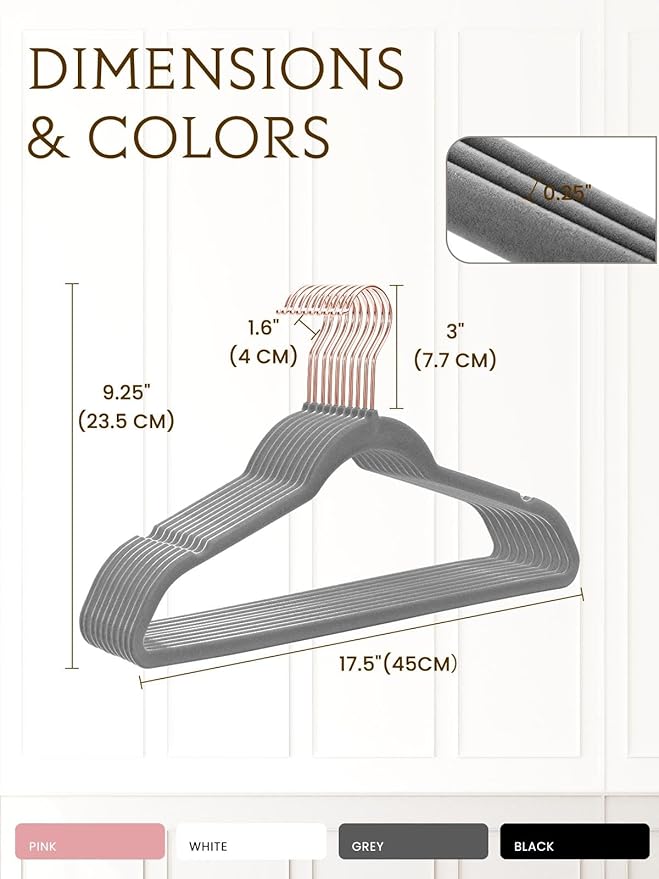 Smartor Grey Velvet Hangers 50 Pack, Non Slip Clothes Felt Hanger Heavy Duty for Coat, 360° Rotating Rose Glod Hook, Premium Slim Space Saving Hangers for Closet Organizer and Storage