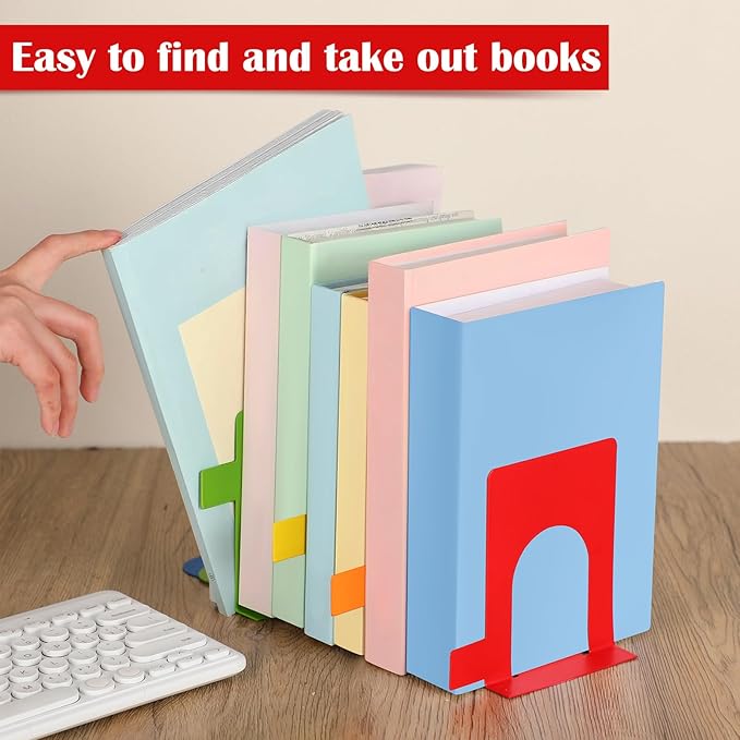 5 Set Metal Book Ends for Shelves Rainbow Book Shelf Dividers Library Shelf Marker Bookends Stopper Colorful Office Stand Holder for Heavy Books Desk Home Movies Kitchen Cds