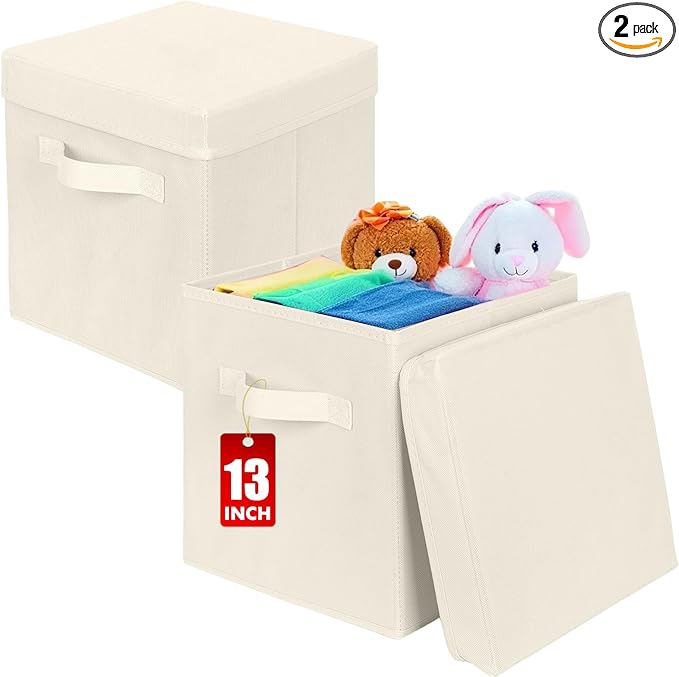 ShellKingdom Storage Bins, Foldable Fabric Storage Cubes with Lid, Clothes Storage Organizer Drawer For Closet Toys Storage, 13 X 13 X 13 INCH, 2 Pack (Beige)