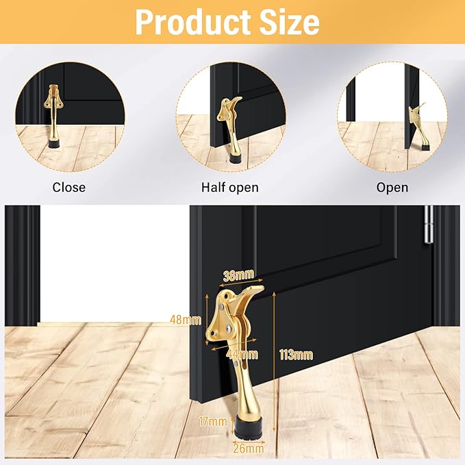 Moxweyeni 6 Pieces Heavy Duty Door Stops for Bottom of Door Metal Kickdown Doorstop with Adjustable Rubber Tips Spring Replacements Doorstop (Gold)