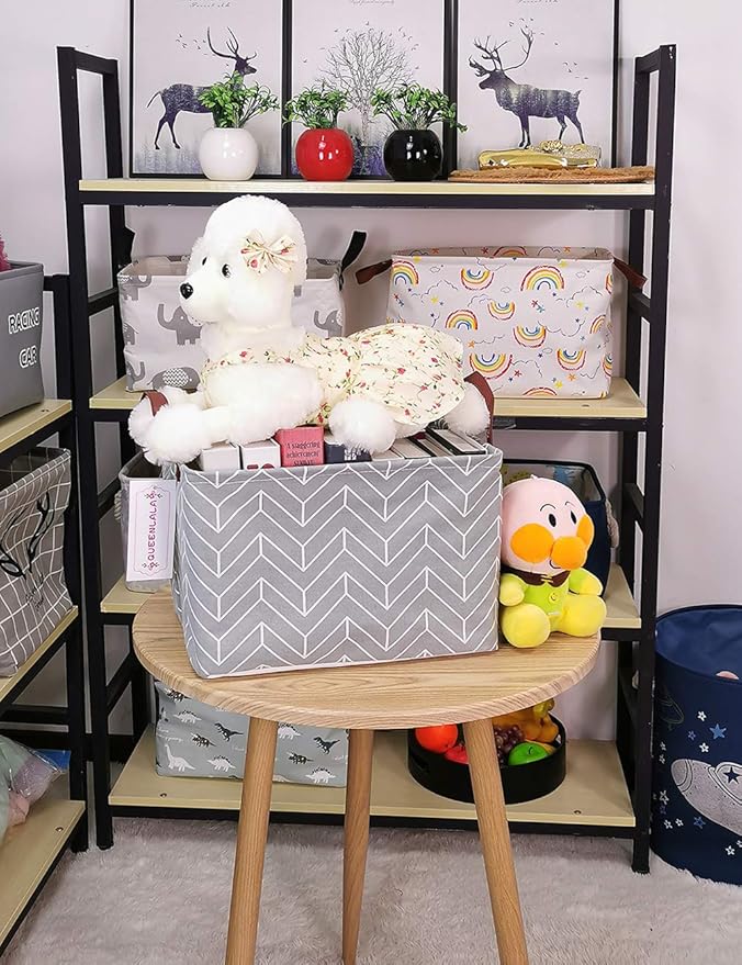 QUEENLALA Rectangular Laundry Hamper/Foldable Nursery Laundry Basket for Organizing/Storage Bin Baskets/Children Toy Office Bedroom/Toy Bin Closet Shelf Baskets（Rec-Grey Wheat）
