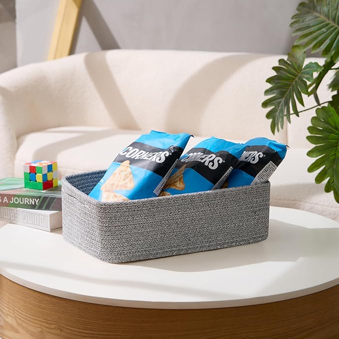 Large Shallow Organizing Baskets 15x11x5.1 Inches - Rope Woven Storage Bins for Bathroom, Shelves, Cube Closet, Mixed Grey 4 Packs