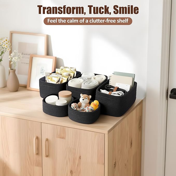 5-Pack Small Woven Rope Storage Baskets – 2 Sizes Organizer Bins for Closet, Shelf, Bookshelf, Nursery, Changing Table, Fabric Cube Boxes, Rectangular Shallow Bins for Bathroom, Toy & Home
